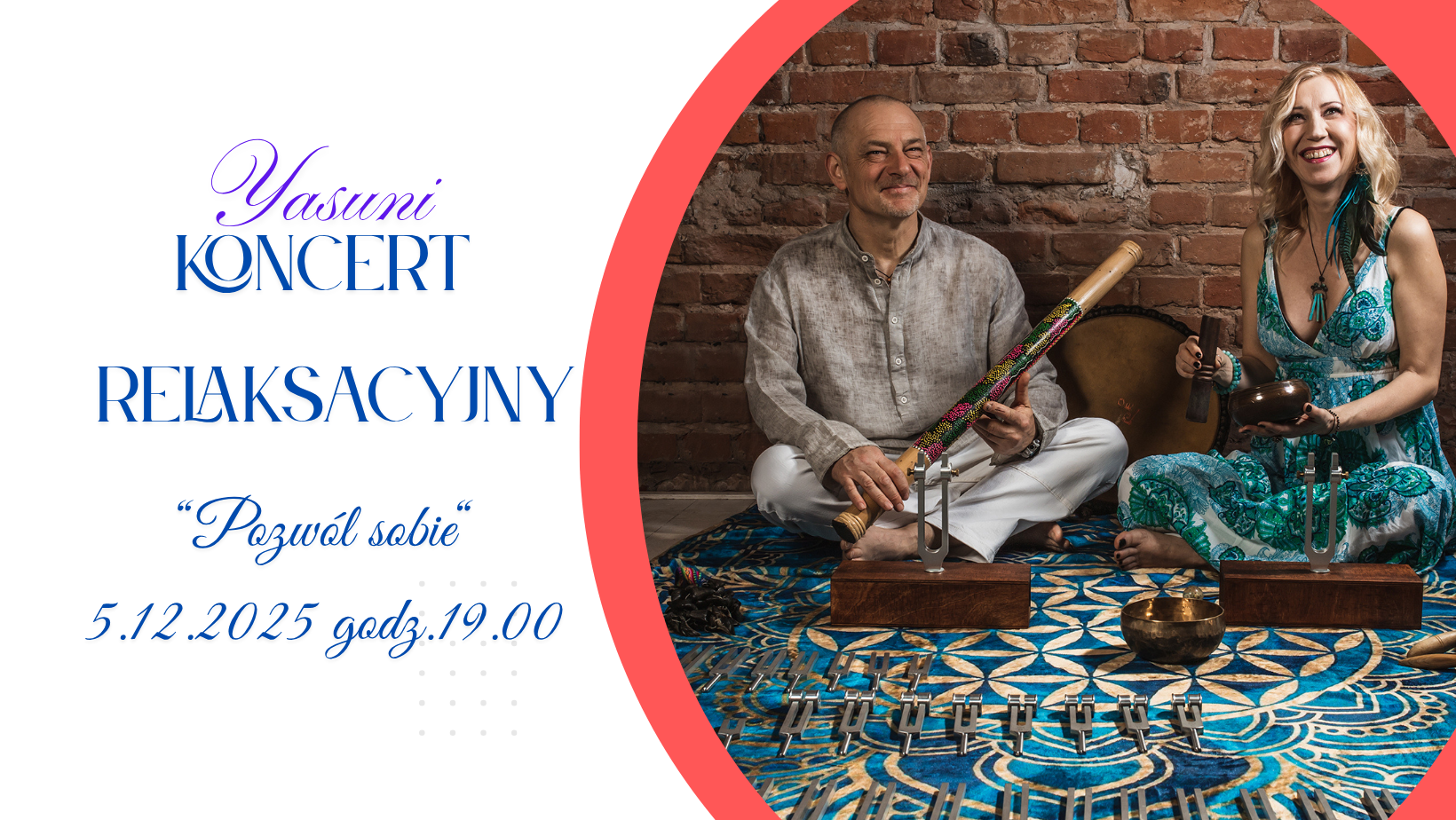 Koncert relaksacyjny Przemiana Wody – nastrojowa grafika z motywem wody, spokojnymi błękitami i symbolami dźwięku, zapraszająca na kameralne wydarzenie z kamertonami i śpiewem intuicyjnym